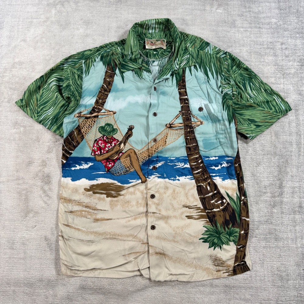 Vtg Tori Richard Shirt Men Medium Blue Hawaiian Hammock Beach Scenic Loop Collar